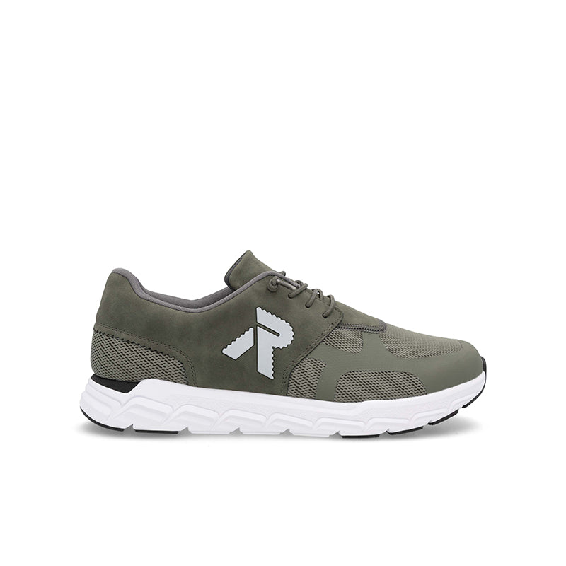 Men's lace-up casual sneakers, olive green fabric upper with white sole and logo