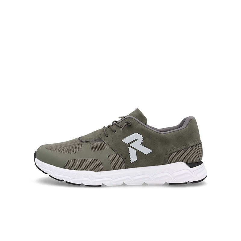 Men's lace-up casual sneakers, olive green upper with white sole and lace-up style