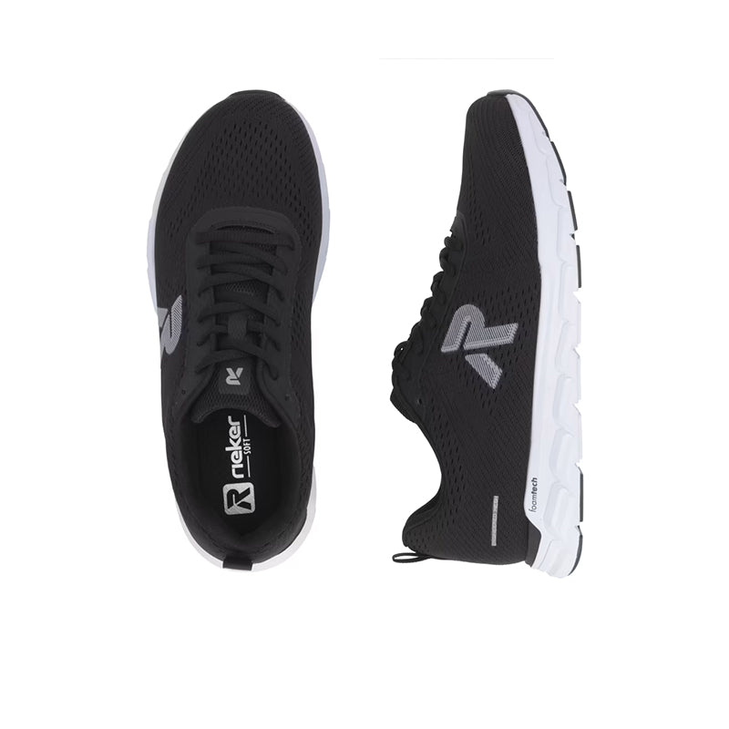 Men's black sneakers shown from side and sole, with white tread