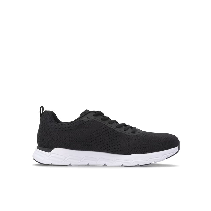 Men's black lace-up knit sneakers with white midsole and cushioned sole