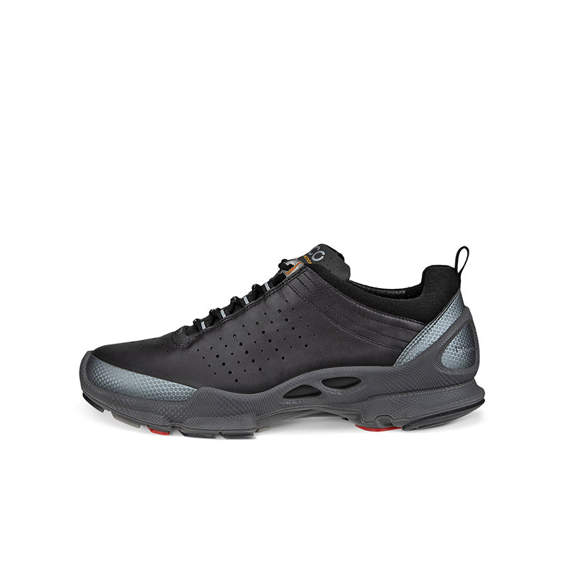 Men’s low lace-up sneakers, black leather with perforations and blue side panel accents