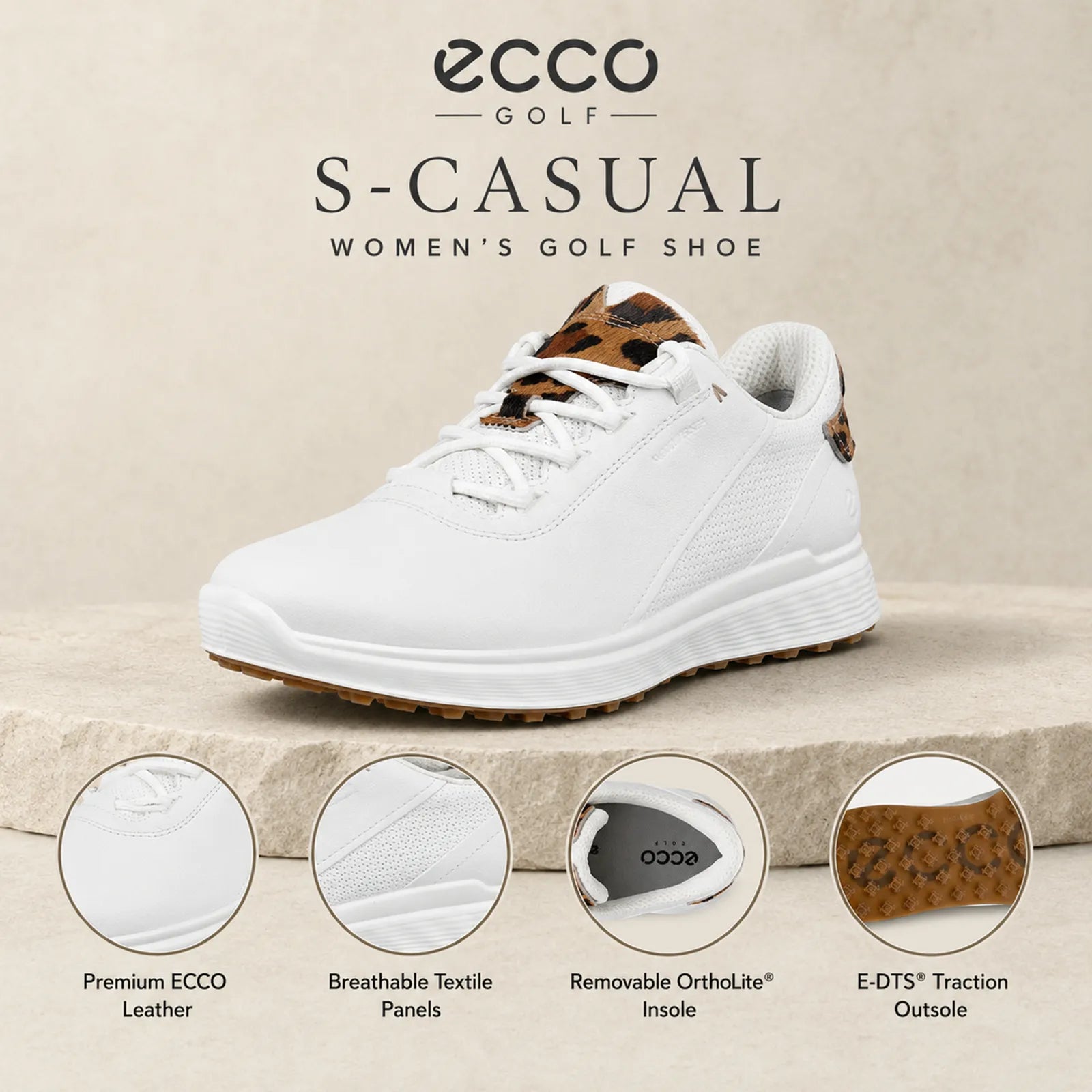 Close-up detail of ECCO Golf S-Casual women's White leather upper and golf outsole