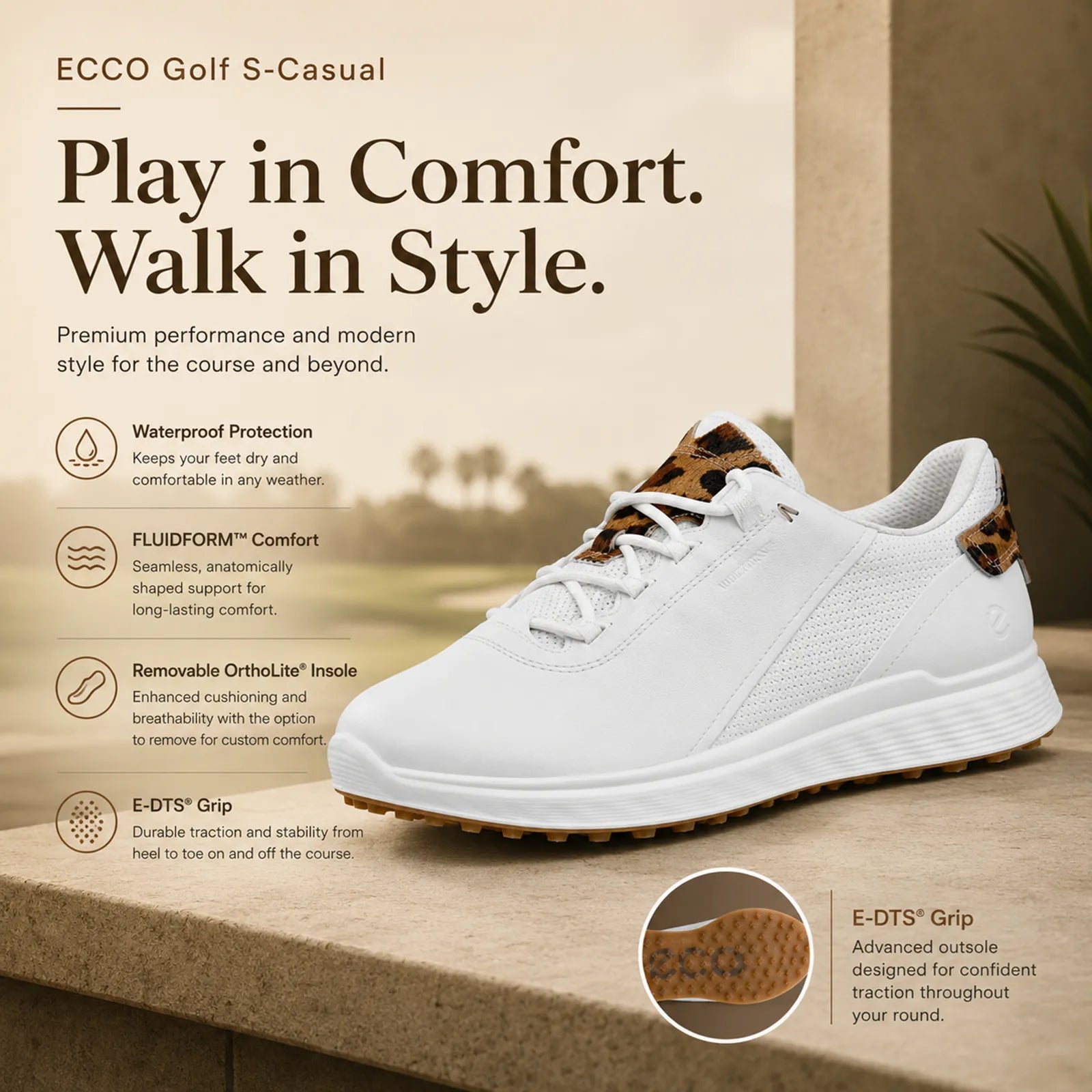 ECCO Golf S-Casual women's White shoes with FLUIDFORM comfort and E-DTS traction