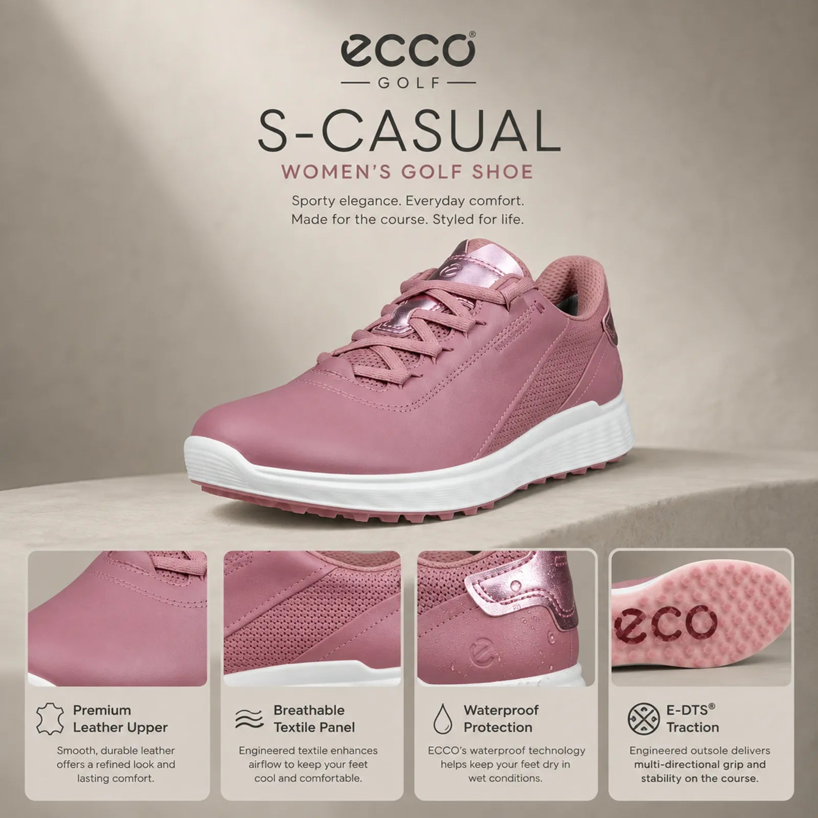 Close-up detail of ECCO Golf S-Casual women's Dusty Rose leather upper and golf outsole