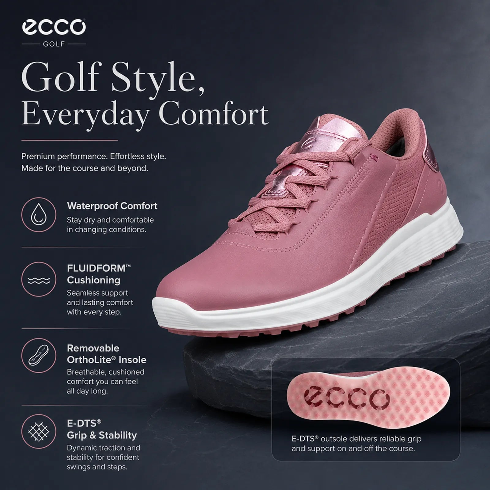 ECCO Golf S-Casual women's Dusty Rose shoes with FLUIDFORM comfort and E-DTS traction