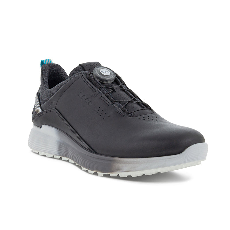 Men's black leather golf casual shoes with lace-up front and cushioned collar