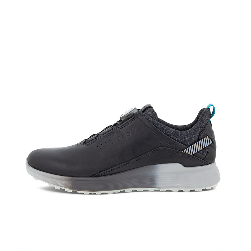 Men's black leather golf casual shoes, side profile with striped panel detail