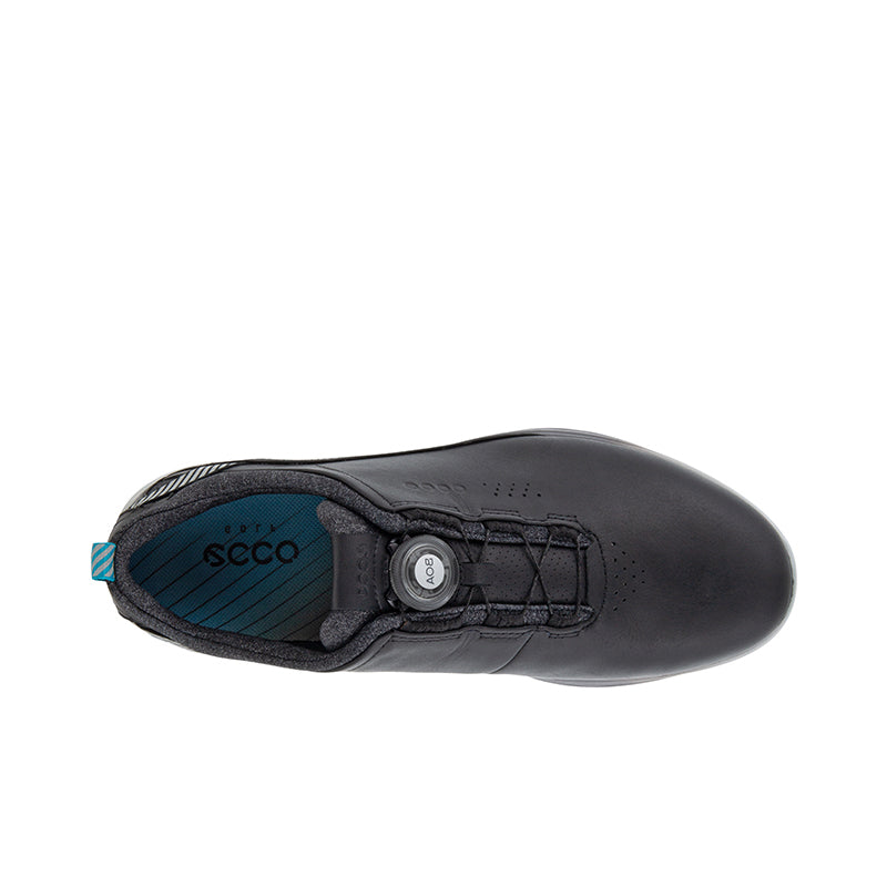 Men's black leather golf casual shoes, lace area and circular logo on strap