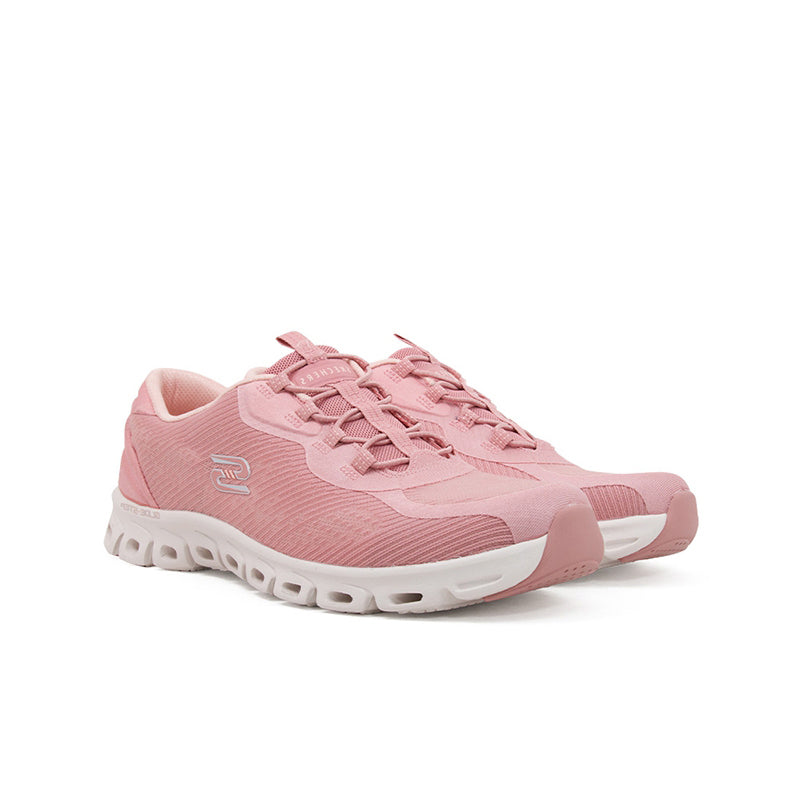 Pink textile women’s sneaker pair with lace-up closure and grippy outsole