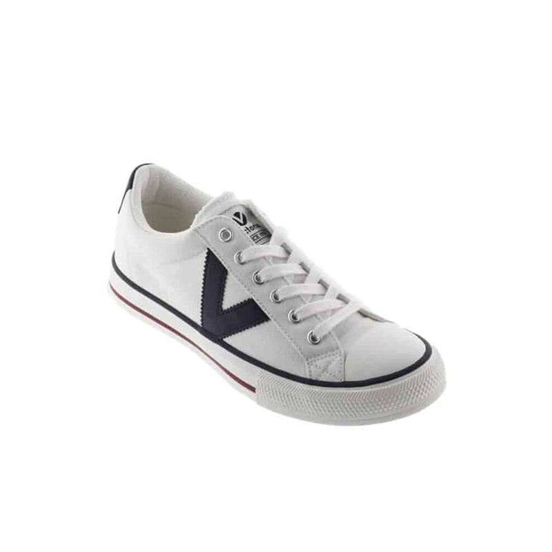 White low-top sneakers with lace-up, navy side panel and red stripe detail