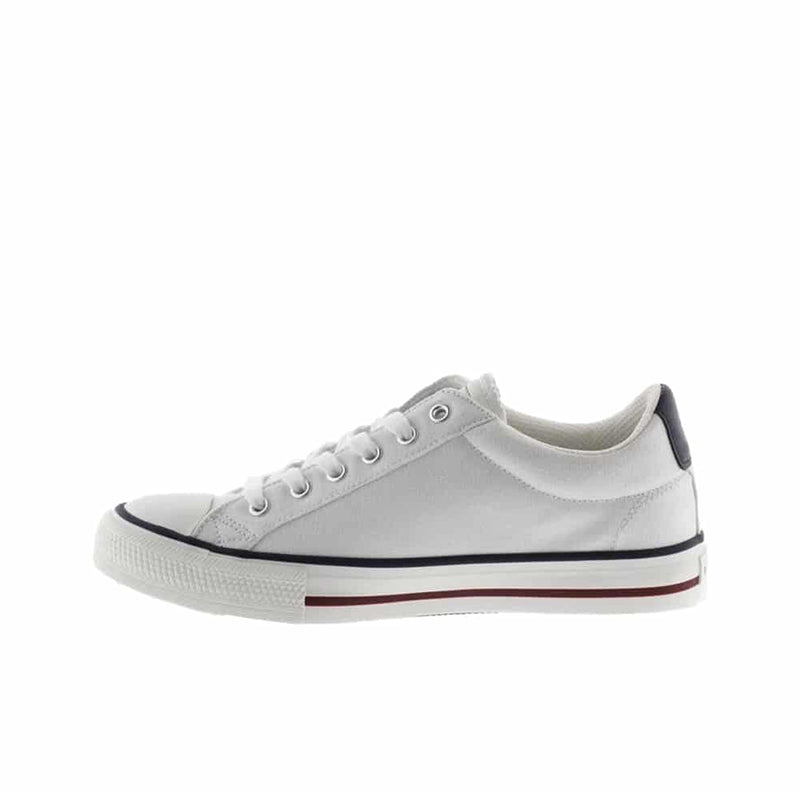 White low-top sneakers with lace-up, navy heel cap and red/blue side stripe
