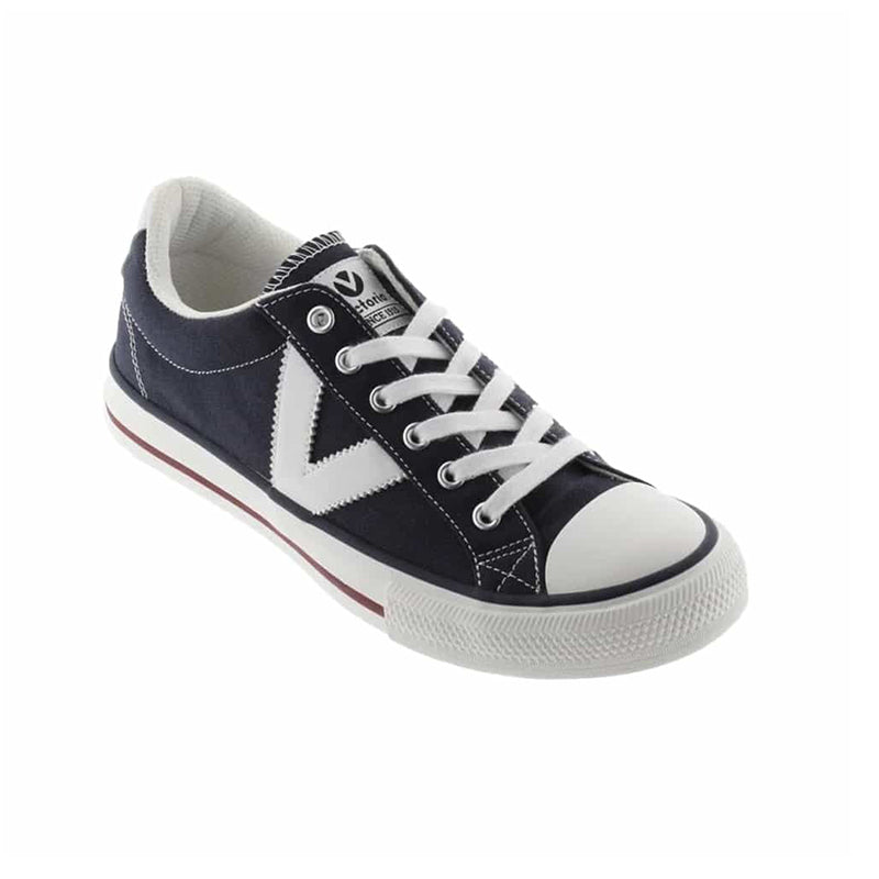 Dark navy low-top sneakers with lace-up, white V logo and white toe cap