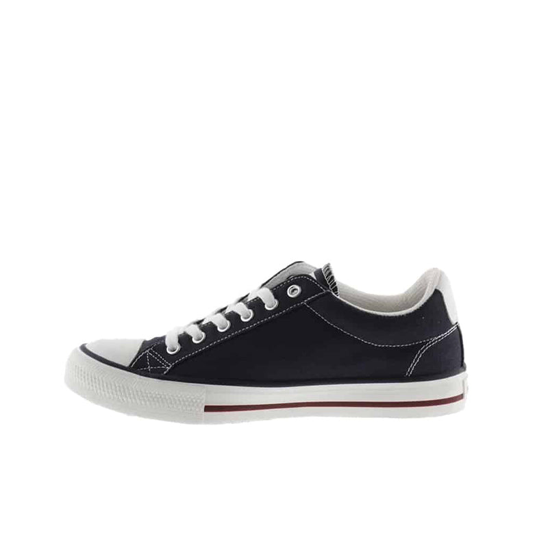 Black low-top sneakers with lace-up, contrasting stitching and red/white side stripe