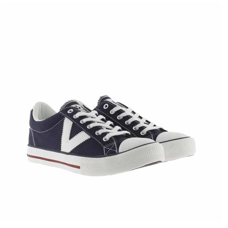 Navy low-top sneakers with lace-up, white V logo and red edge stripe