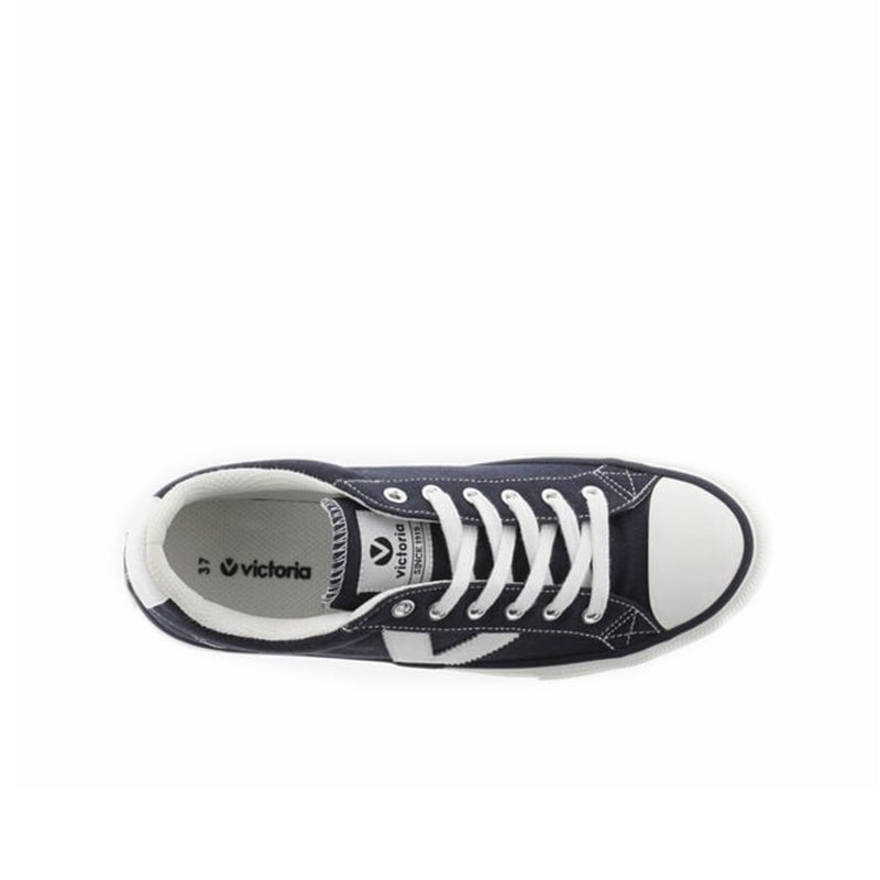 Navy low-top sneakers with lace-up, white laces and V logo on side