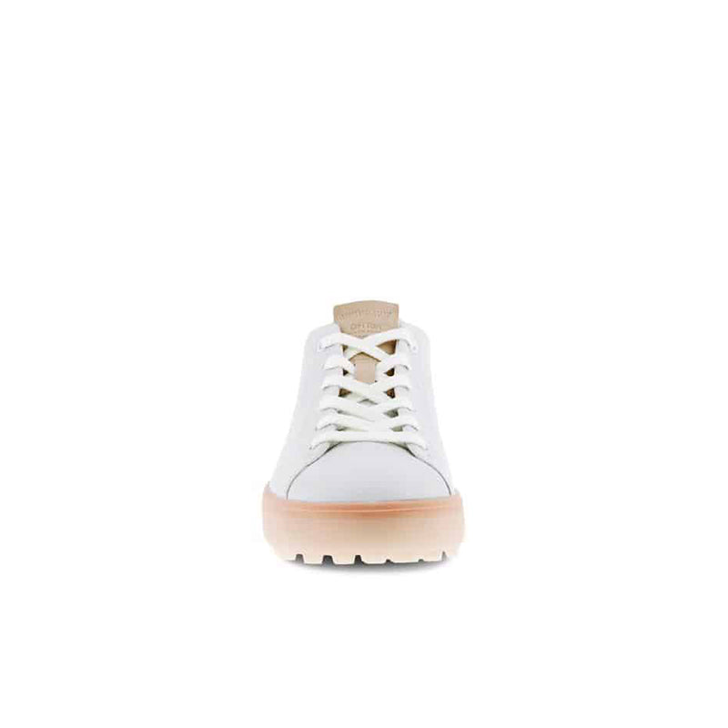White lace-up front view casual sneakers with cushioned collar and rubber sole