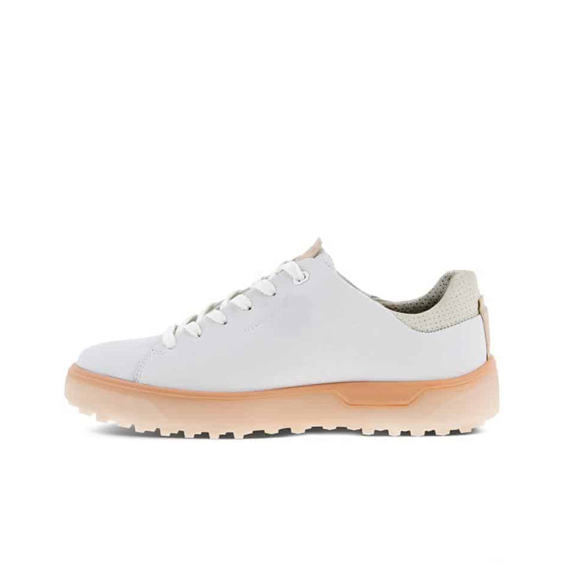 White low-top casual sneakers with lace-up front and chunky tread sole