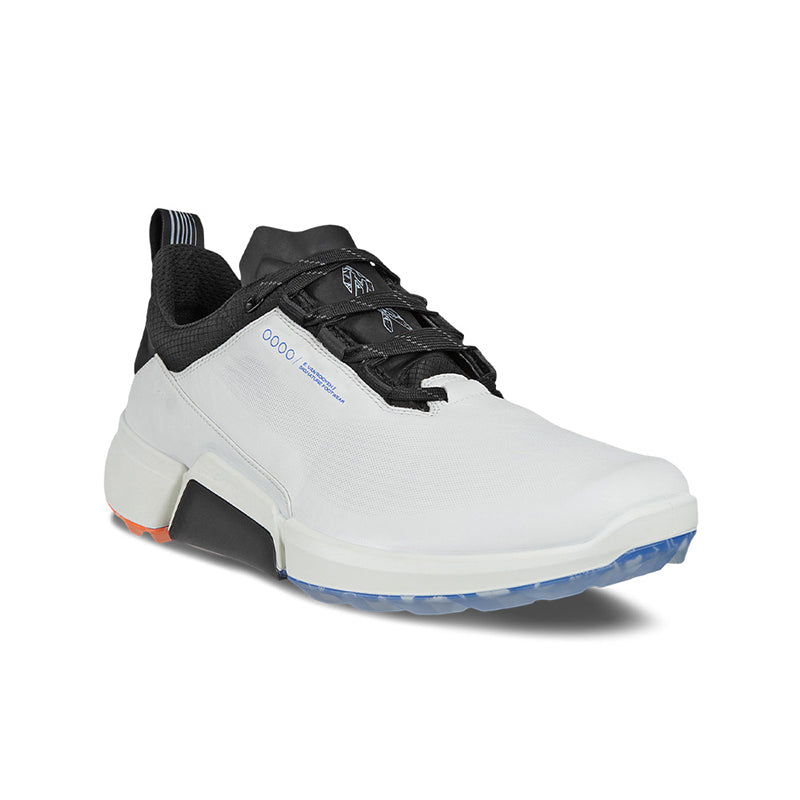 ECCO men's casual shoes in white leather with black laces and blue outsole