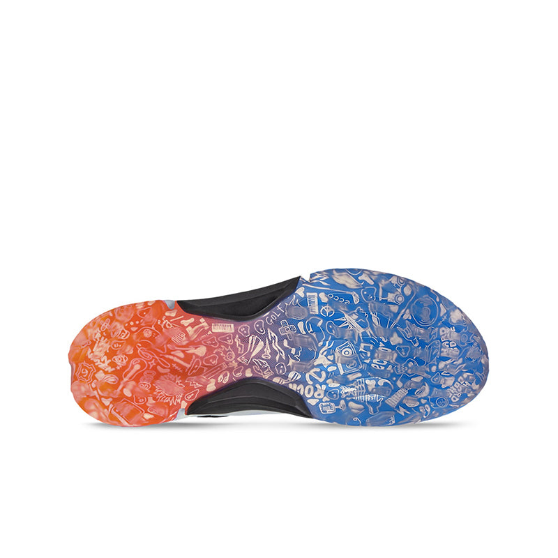 ECCO men's shoe outsole view with blue tread and orange forefoot