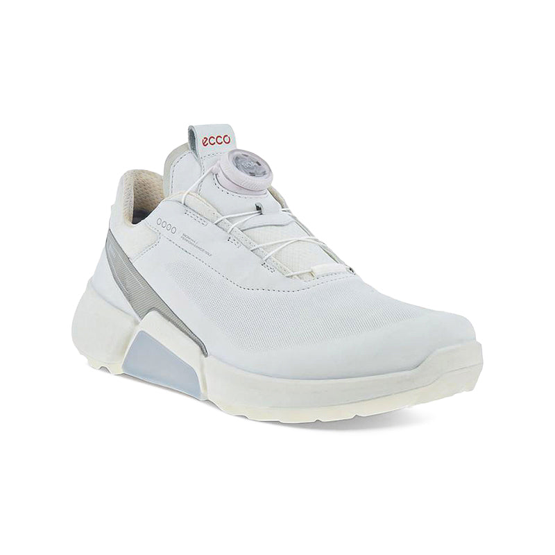 White womens golf leather shoes, lace-up front, logo side, cushioned sole
