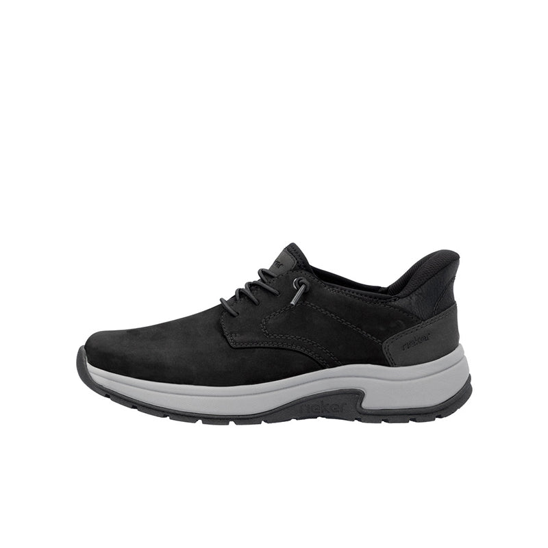 Men's black lace-up low-top sneakers with padded tongue and gray outsole