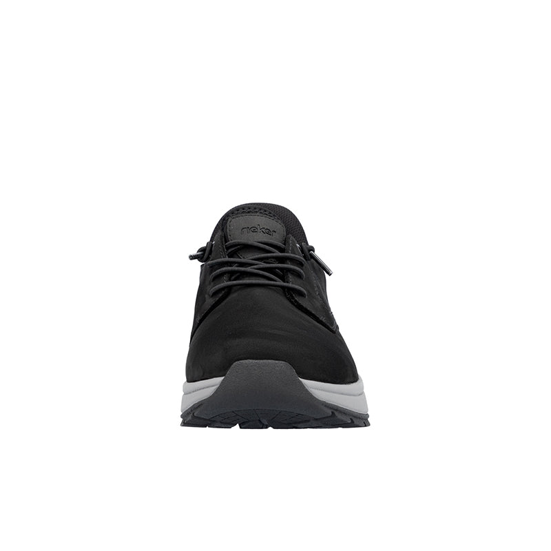 Men's black lace-up sneaker front view with lace-up closure and rounded toe