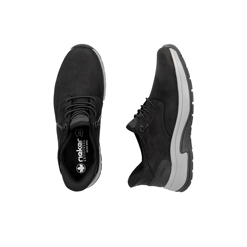 Men's black lace-up sneakers, side and outsole view