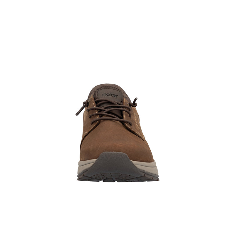 Men's brown lace-up sneaker front view with round toe and gray midsole