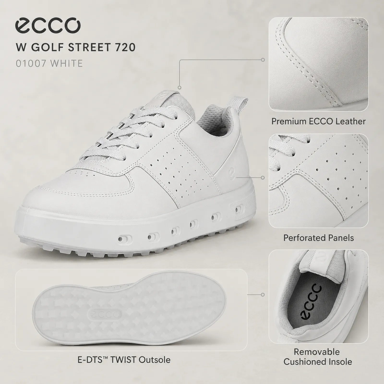ECCO Golf Street 720 white golf shoes close up showing leather details and traction sole