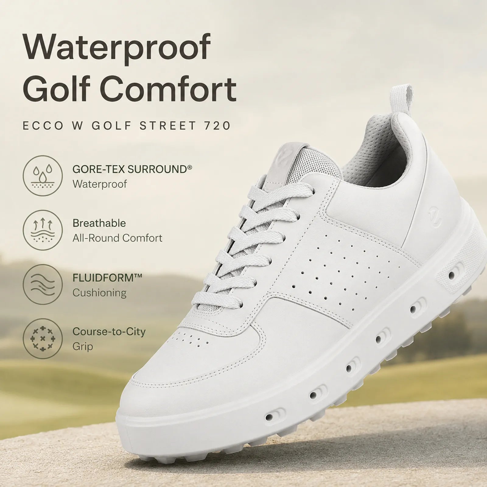 ECCO Golf Street 720 women's white waterproof golf shoes with GORE-TEX SURROUND technology