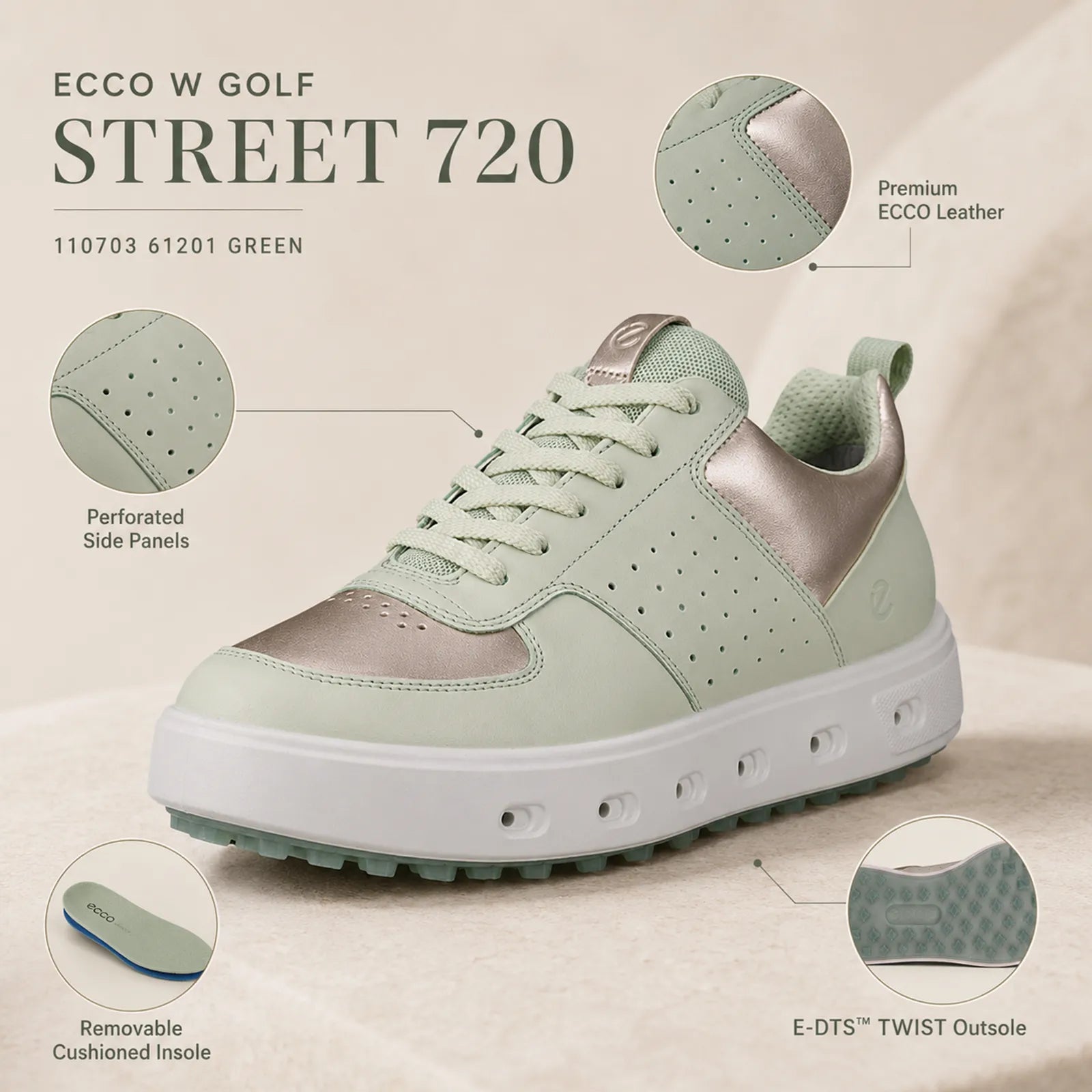 ECCO Golf Street 720 White Dusty golf shoes close up showing leather upper and grip outsole