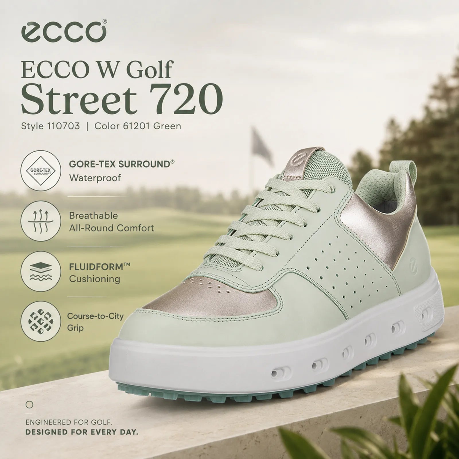 ECCO Golf Street 720 White Dusty waterproof golf shoes with FLUIDFORM cushioning and traction