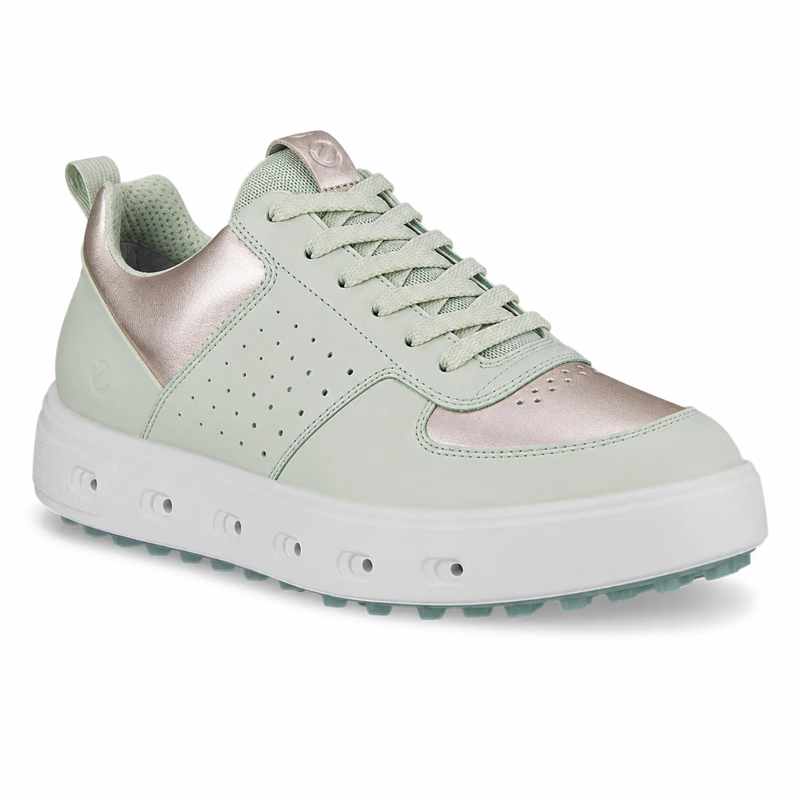 ECCO Golf Street 720 women's White Dusty waterproof leather golf shoes with soft blue heel detail