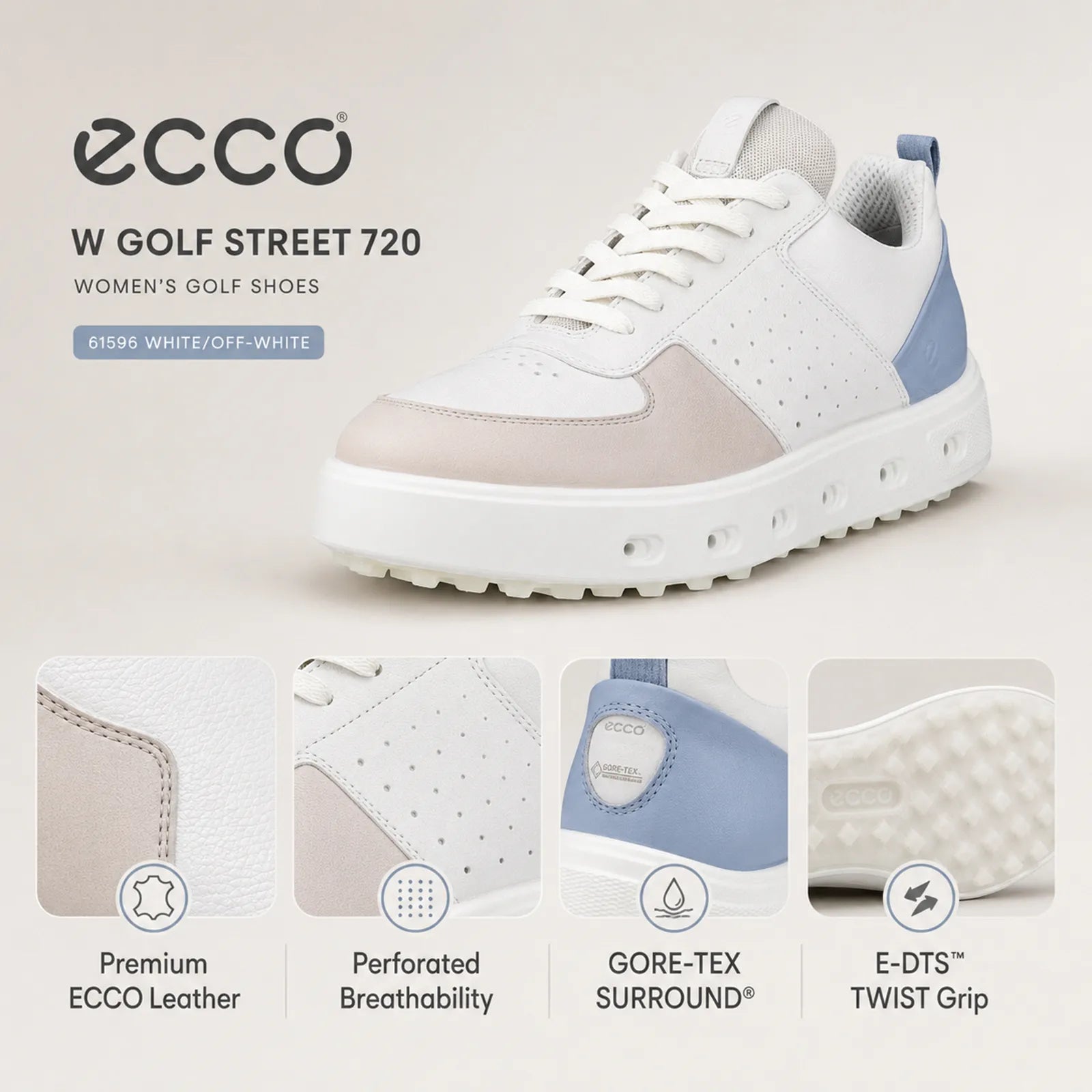 ECCO Golf Street 720 metallics golf shoes close up showing leather finish and outsole grip
