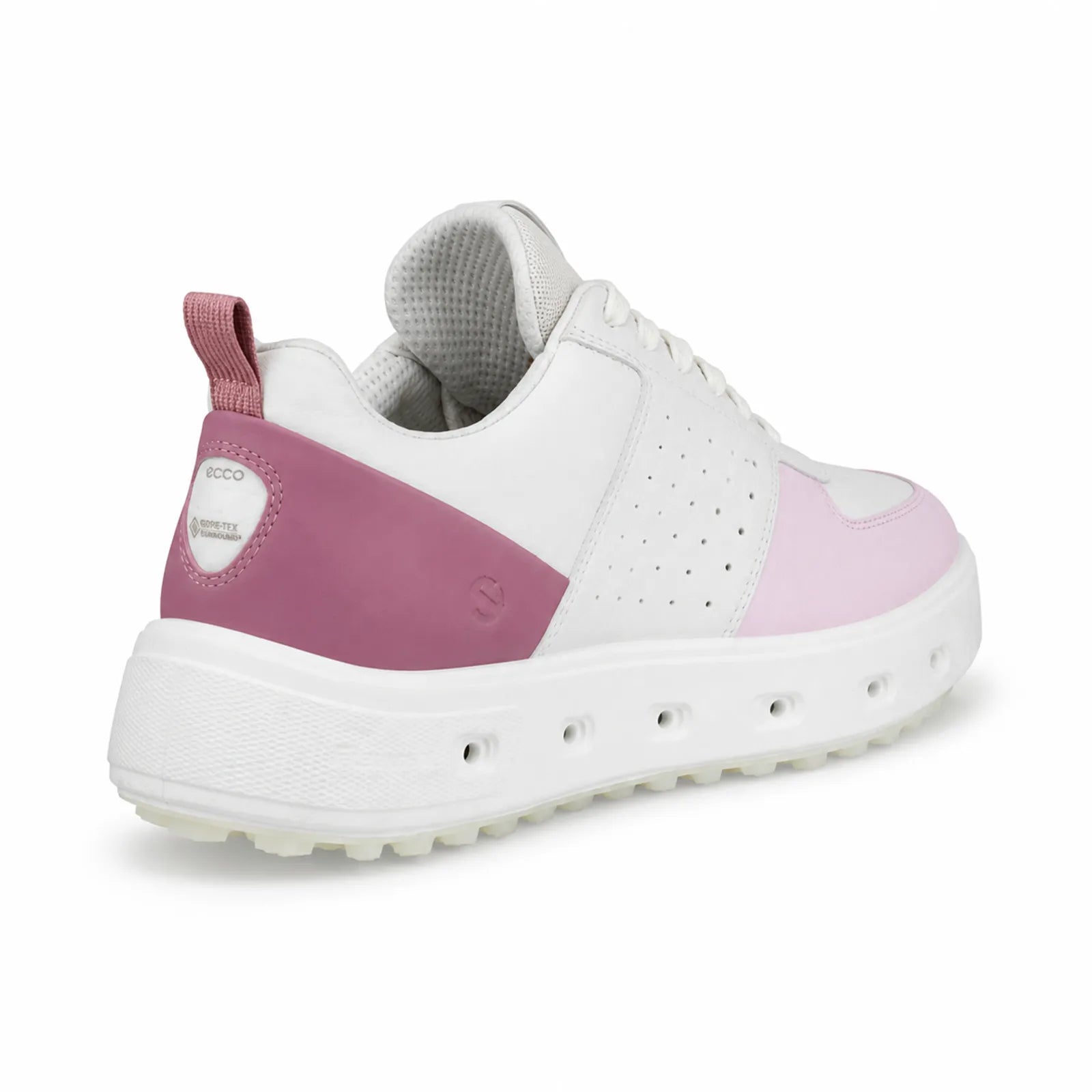 ECCO Golf Street 720 women's White Blush Blossom golf shoes side angle with pink heel panel