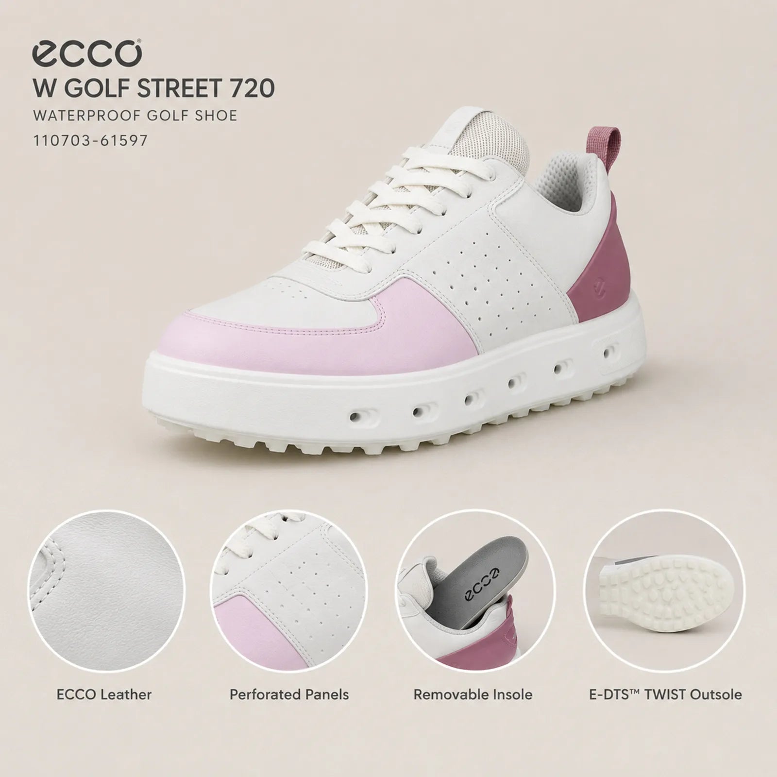 ECCO Golf Street 720 White Blush Blossom golf shoes close up showing outsole traction and leather finish