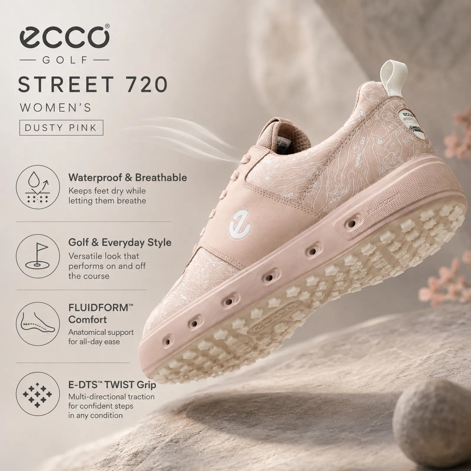 ECCO Golf Street 720 women's Dusty Pink shoes with GORE-TEX breathability and E-DTS TWIST traction