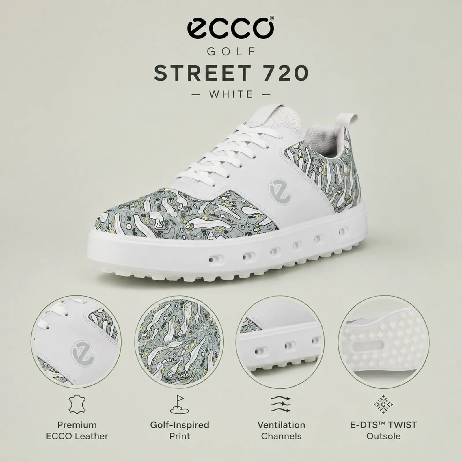 Close-up detail of ECCO Golf Street 720 men's White printed leather upper and outsole