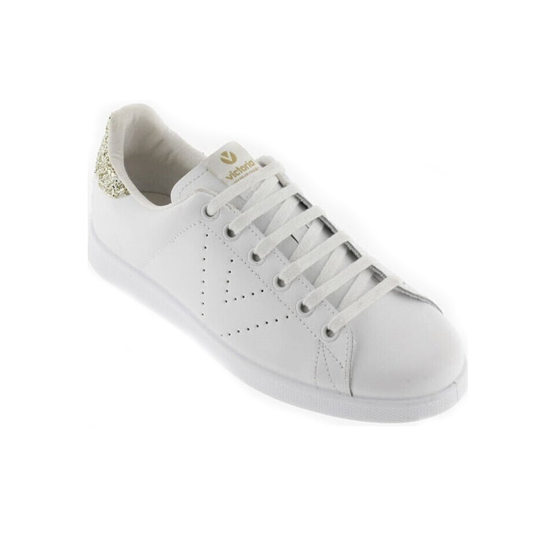 White lace-up low-top sneaker with perforated toe and gold glitter heel trim