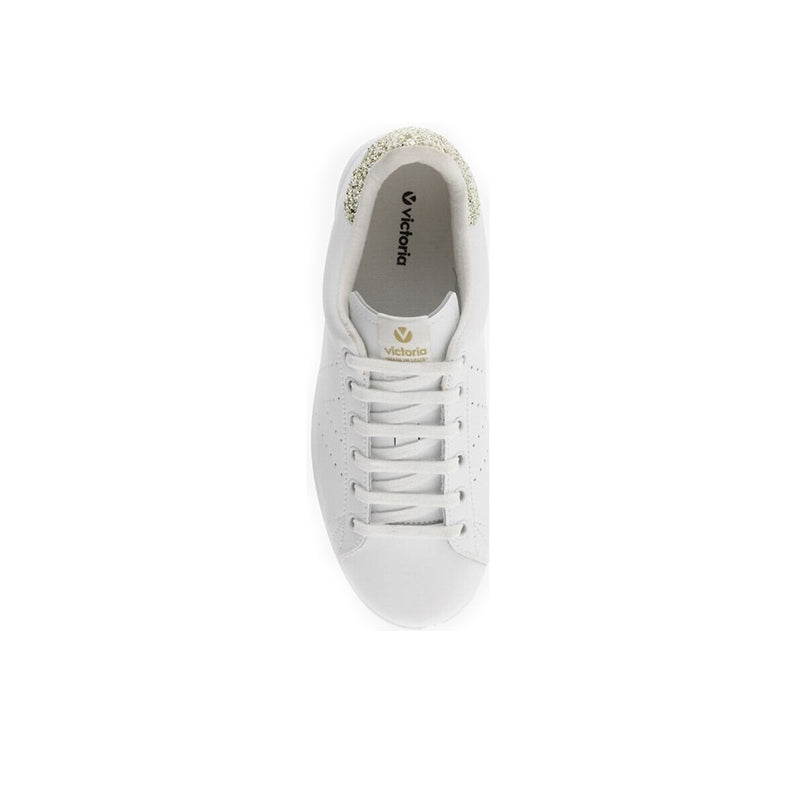 White lace-up sneaker with cushioned collar and gold glitter heel lining