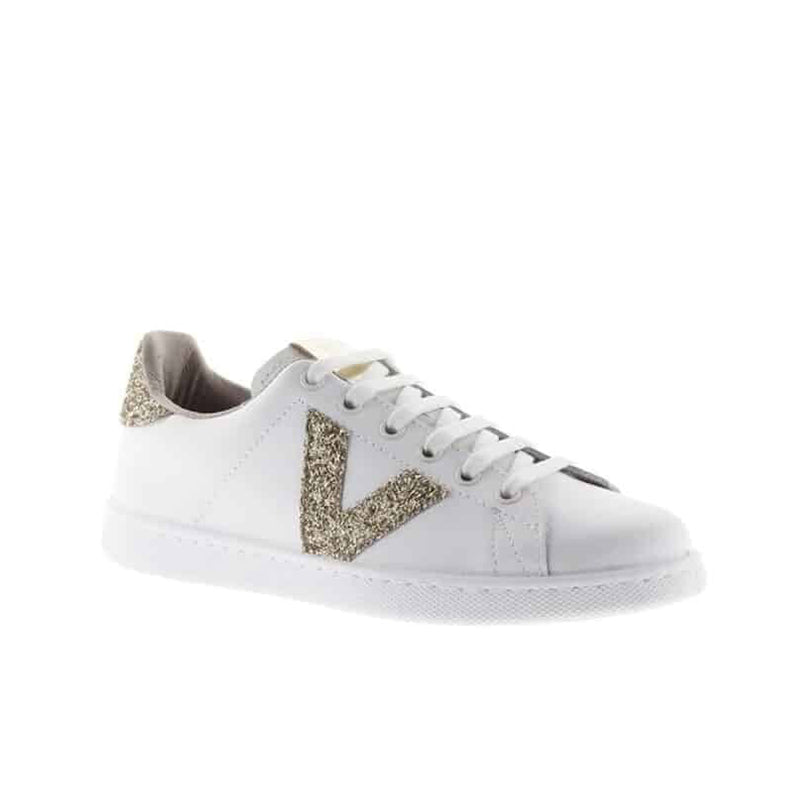 White low-top sneakers with glitter gold V side detail and lace-up
