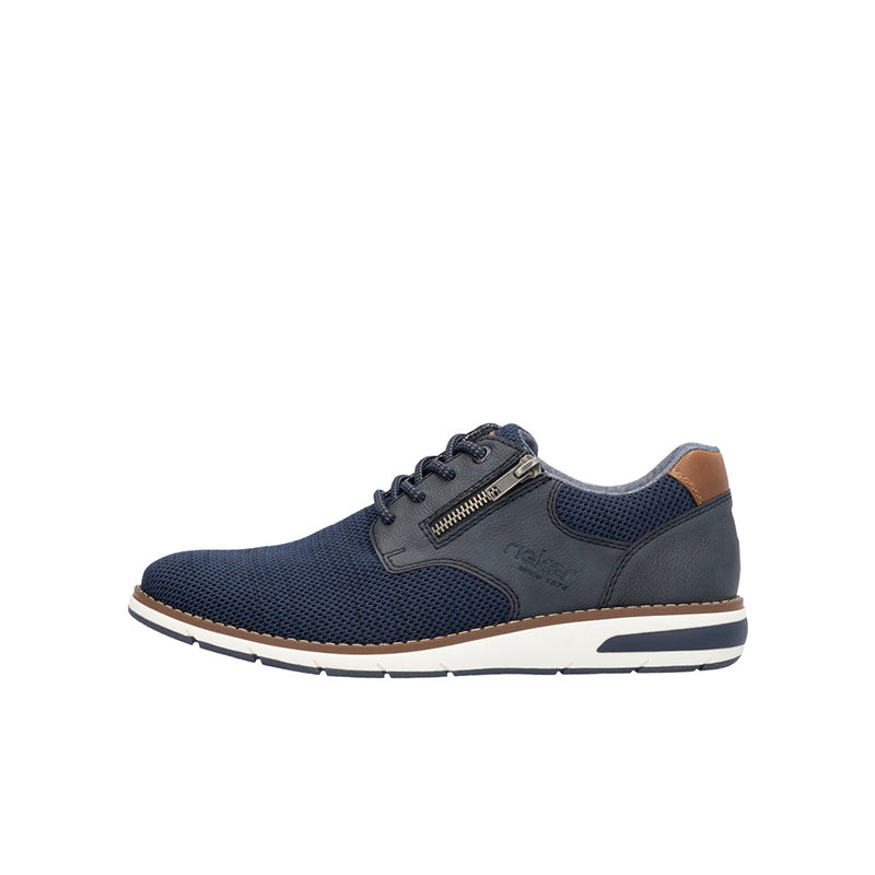 Men's navy mesh sneakers with tan accents, lace-up, side zipper and white sole
