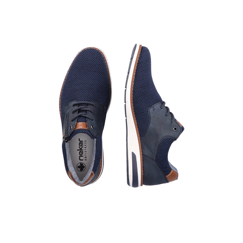 Men's navy sneakers pair, lace-up with side zipper and tan heel accents