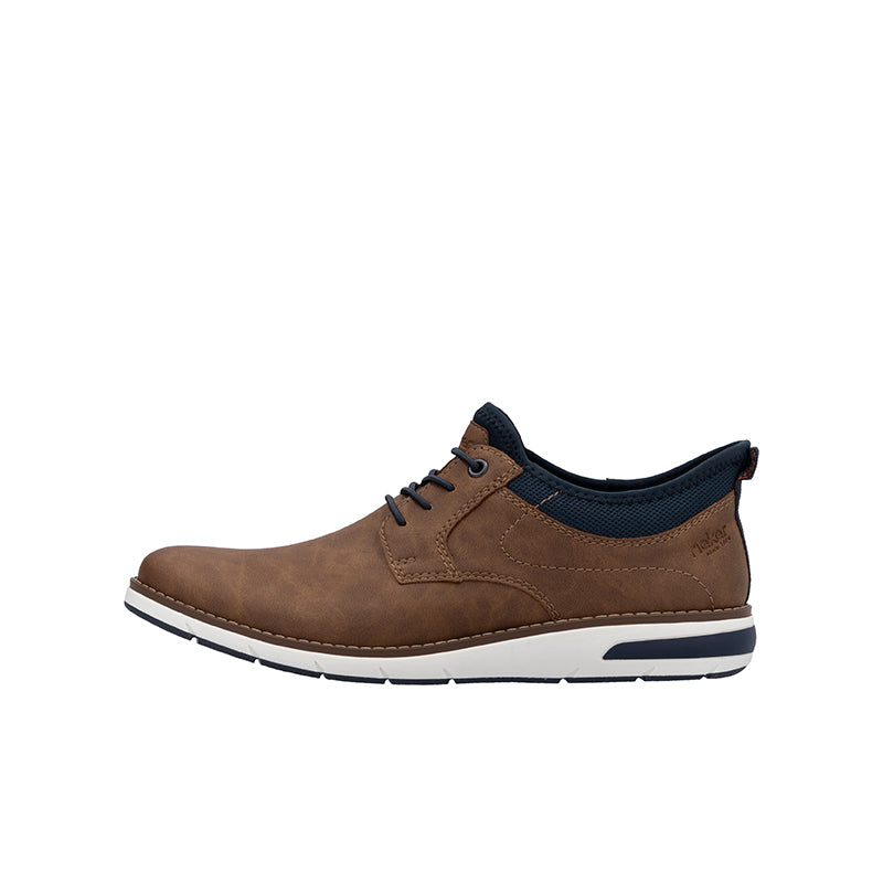 Men's brown lace-up sneakers with navy tongue and side trim