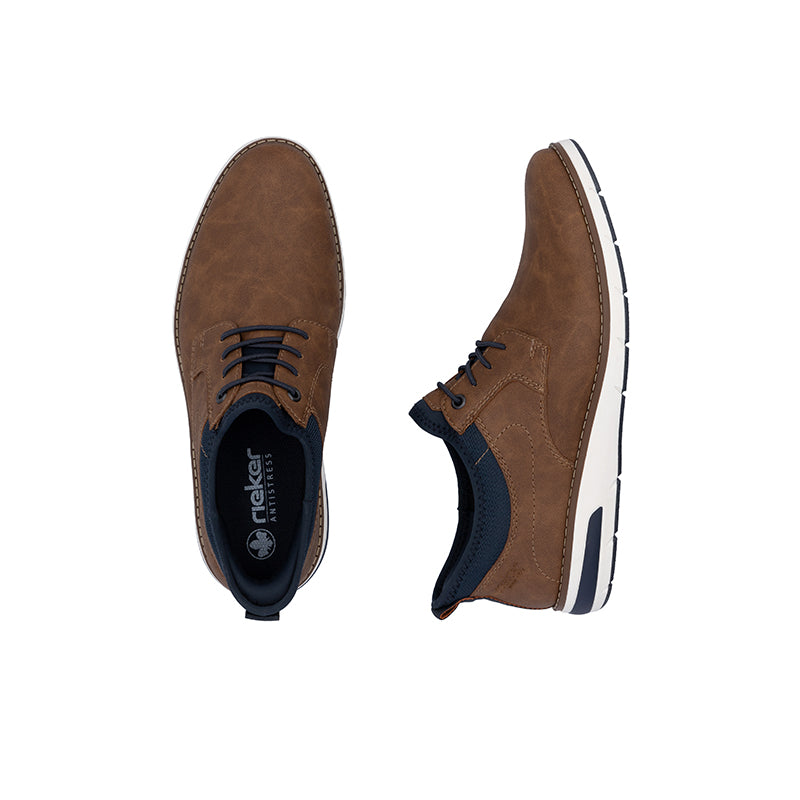 Men's brown lace-up sneakers, side and sole views with navy trim
