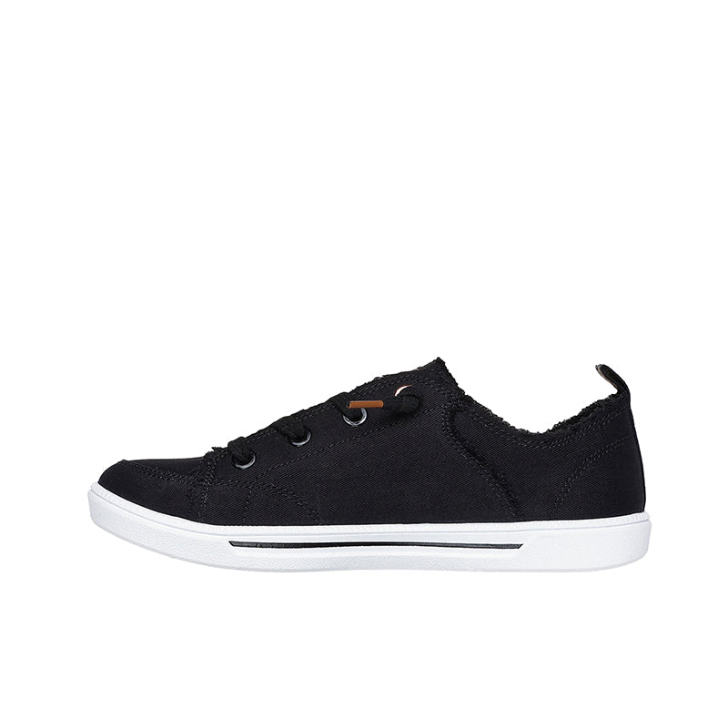 Black canvas low-top sneakers, side view with lace-up front and white rubber sole