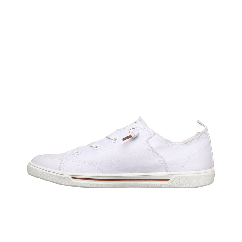 White canvas low-top sneakers, side view with lace-up front and light sole
