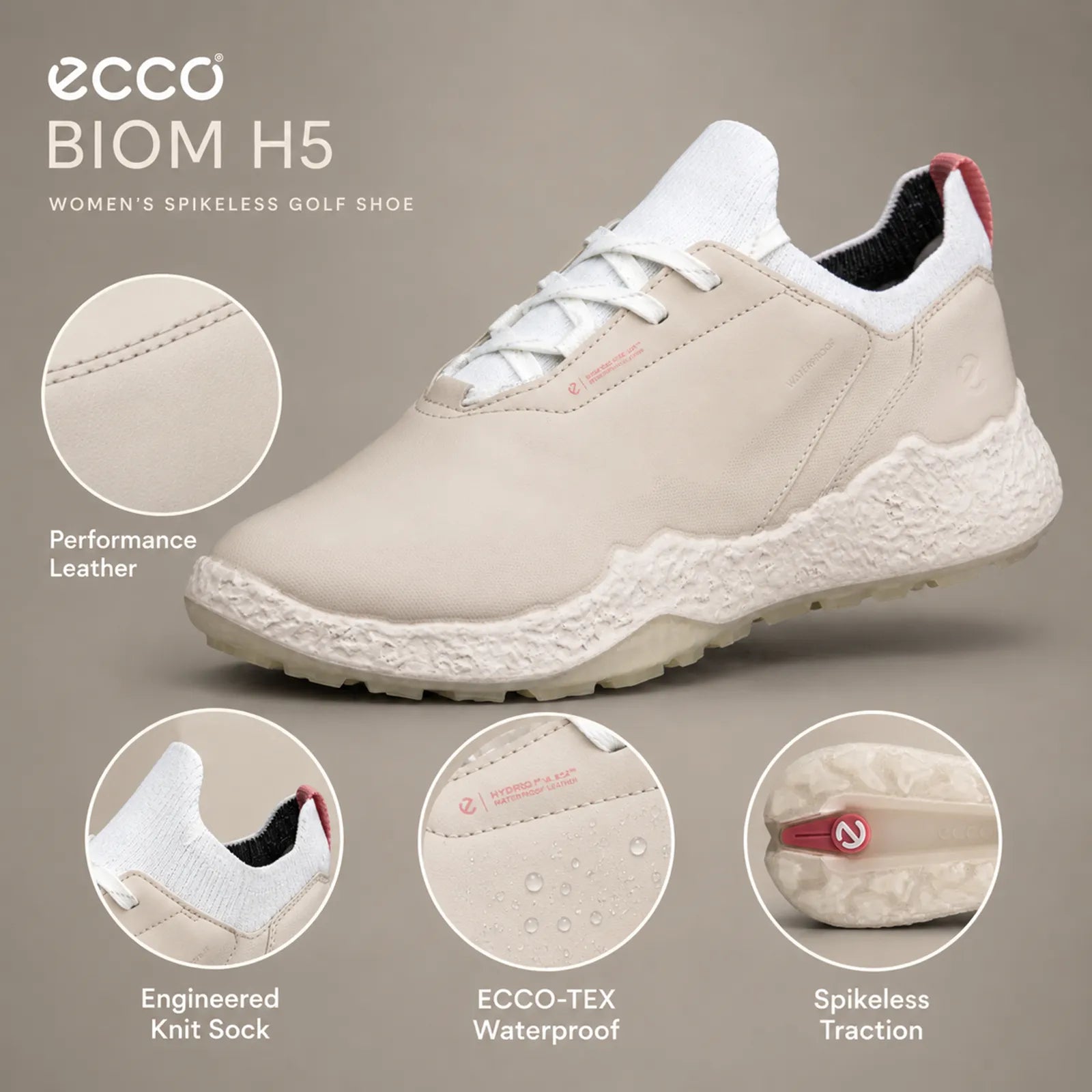 Close-up detail of ECCO BIOM H5 women's pink golf shoe upper and outsole