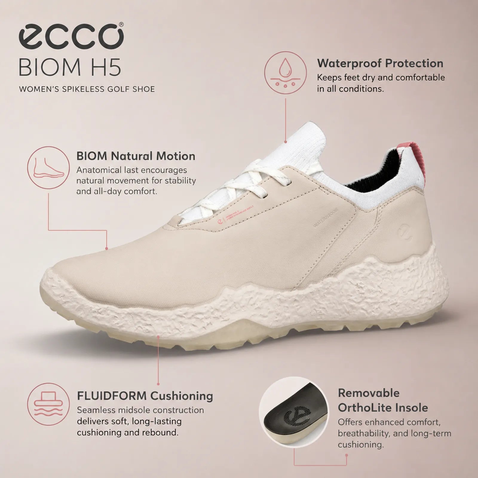 ECCO BIOM H5 women's pink golf shoe with waterproof comfort and spikeless traction