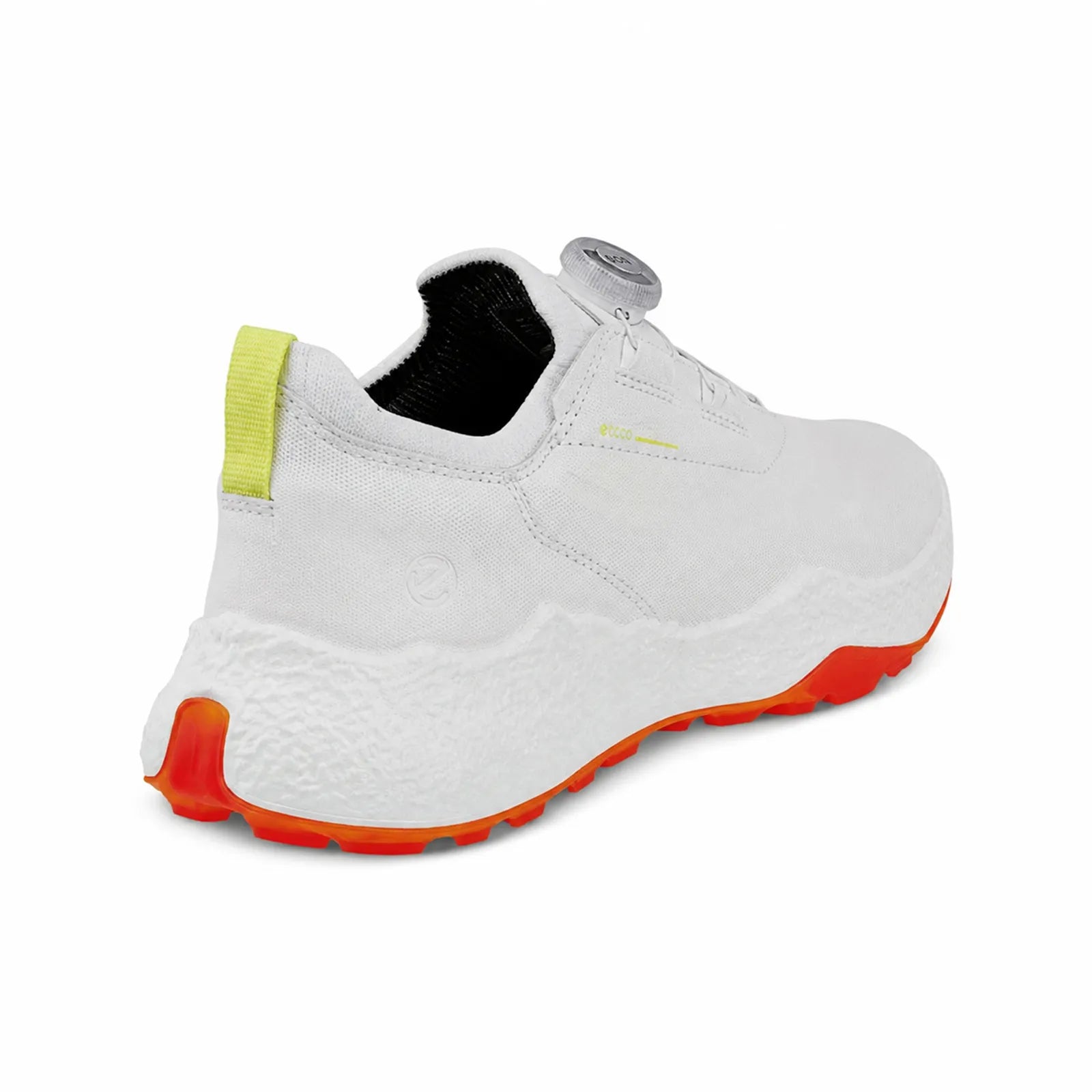 ECCO Golf Biom H5 BOA women's white golf shoes angle view showing leather upper, knit sock collar and BIOM sole design